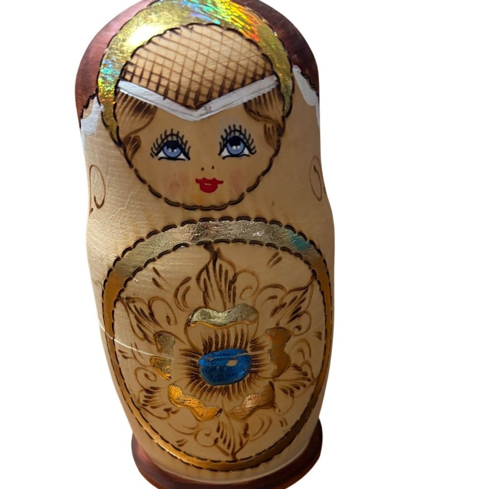 Russian Nesting Dolls Matryoshka Set 5pc Wood Burned Gold Holographic 6.75in‎